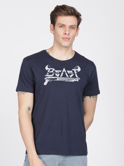 

BLACK RADIO Men Navy Blue Typography Printed Slim Fit Cotton T-shirt