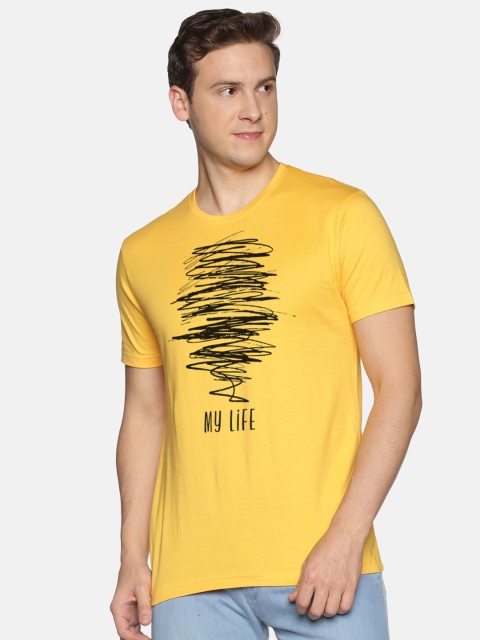 

BLACK RADIO Men Yellow Printed V-Neck Raw Edge Slim Fit T-shirt