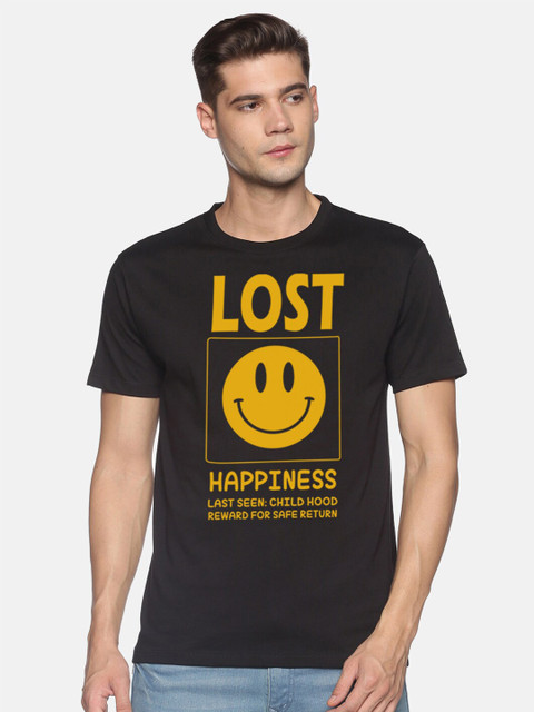 

BLACK RADIO Men Black & Mustard Yellow Typography Printed Slim Fit Cotton T-shirt