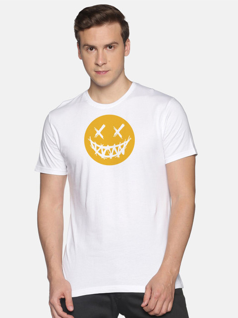 

BLACK RADIO Men White & Mustard Yellow Printed Slim Fit Cotton T-shirt