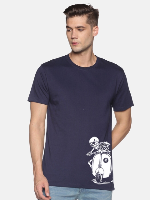 

BLACK RADIO Men Navy Blue & White Printed Slim Fit Cotton T-shirt