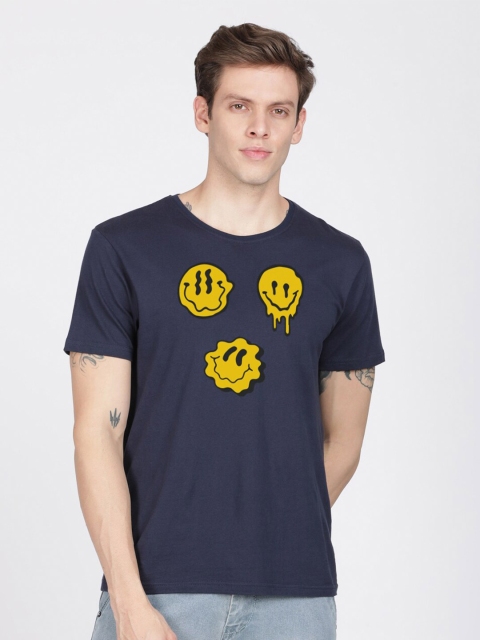 

BLACK RADIO Men Navy Blue & Yellow Printed Slim Fit Cotton T-shirt
