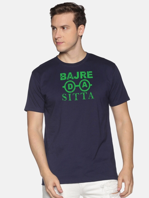 

BLACK RADIO Men Navy Blue & Green Typography Printed Slim Fit Cotton T-shirt