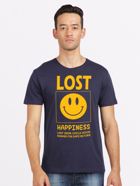 

BLACK RADIO Men Navy Blue & Yellow Typography Printed Slim Fit Cotton T-shirt