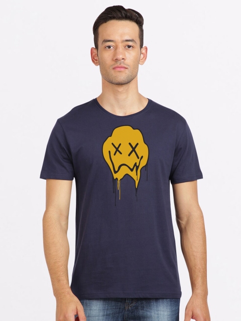 

BLACK RADIO Men Navy Blue & Mustard Yellow Printed Slim Fit Cotton T-shirt