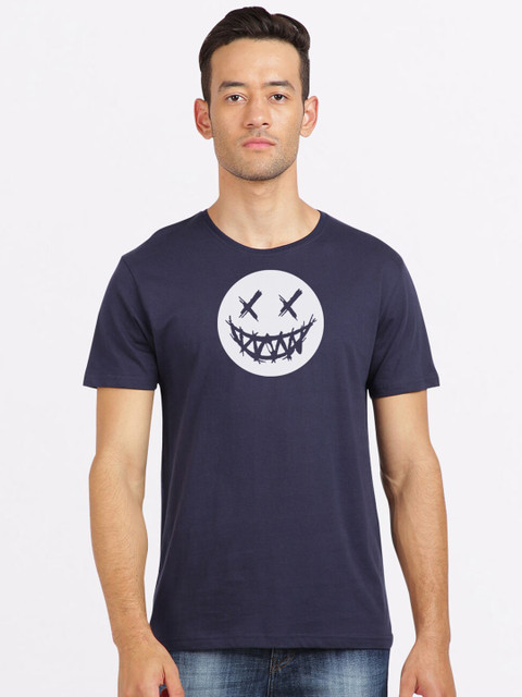 

BLACK RADIO Men Navy Blue Printed Raw Edge Slim Fit T-shirt