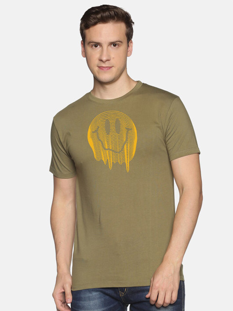 

BLACK RADIO Men Olive Green & Yellow Printed Slim Fit Cotton T-shirt