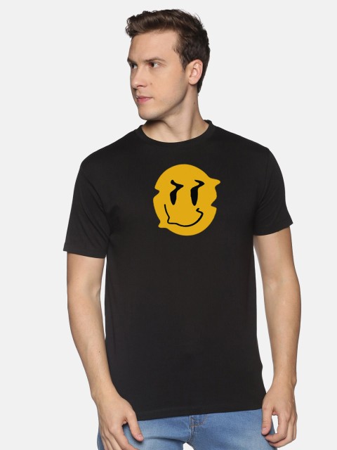

BLACK RADIO Men Black & Mustard Yellow Printed Slim Fit Cotton T-shirt