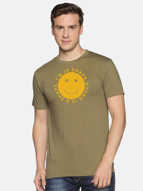 

BLACK RADIO Men Olive Green Printed Slim Fit Cotton T-shirt