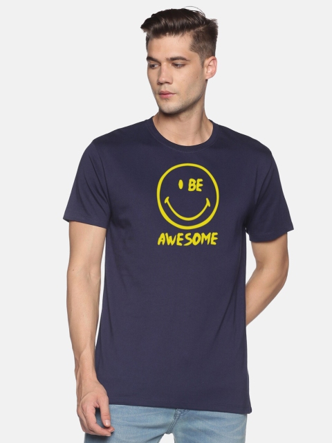 

BLACK RADIO Men Navy Blue & Yellow Typography Printed Slim Fit Cotton T-shirt