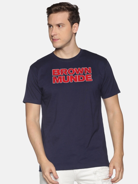

BLACK RADIO Men Navy Blue Typography Printed Slim Fit Cotton T-shirt