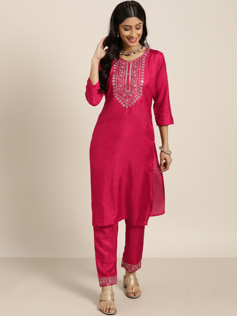 

Sangria Women Pink Floral Sequinned Embroidered Kurta with Trousers