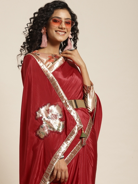 

Sangria Red & Golden Embellished Satin Saree