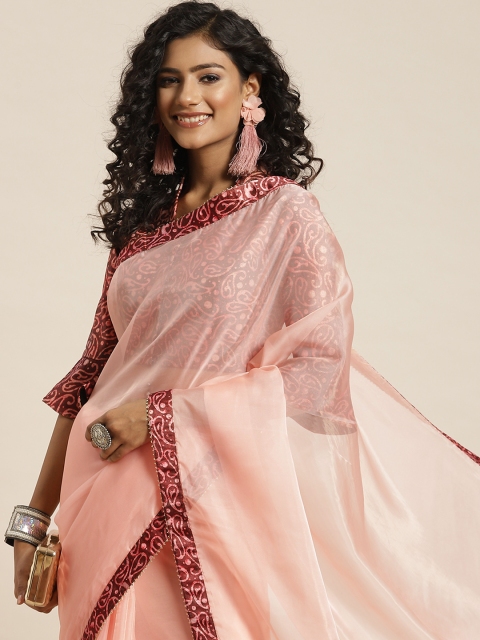 

Sangria Peach-Coloured & Maroon Solid Printed Border Organza Saree