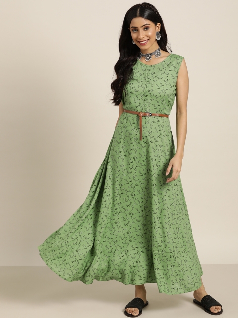 

Sangria Green & Black Floral Printed A-Line Maxi Dress Comes with a Belt