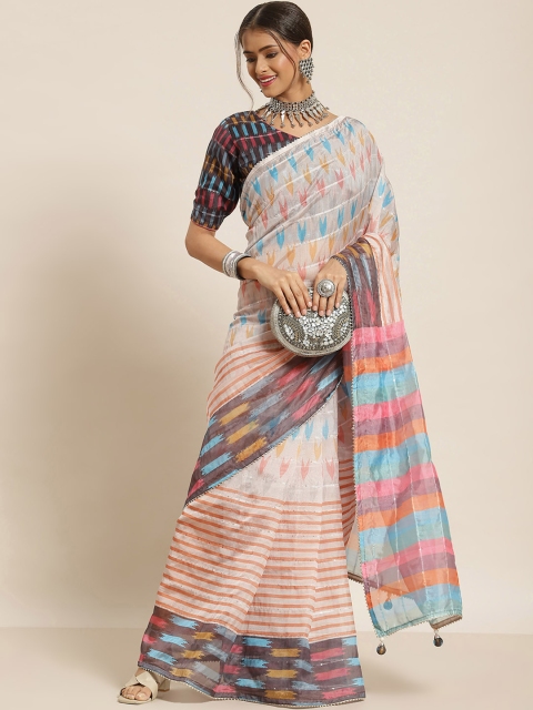 

Sangria Off White & Pink Abstract Printed Sequinned Organza Saree