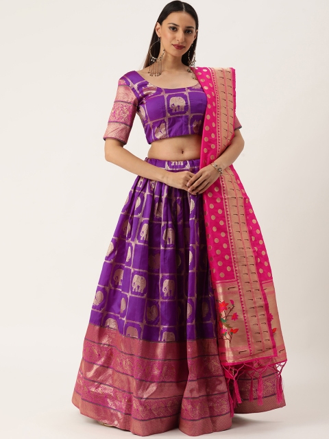 

LOOKNBOOK ART Purple & Golden Semi-Stitched Lehenga & Unstitched Blouse With Dupatta