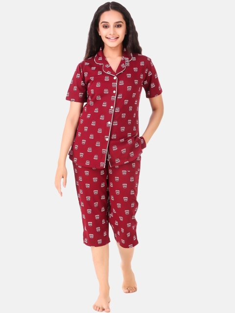 

Masha Women Maroon & White Printed Night suit
