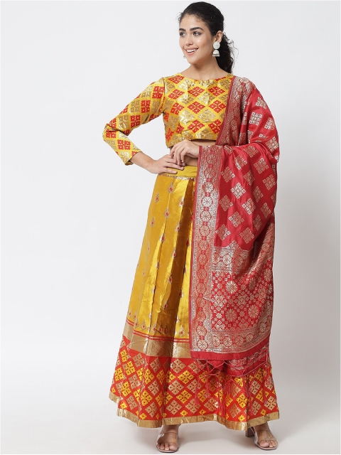 

DIVASTRI Yellow & Red Semi-Stitched Lehenga & Unstitched Blouse With Dupatta