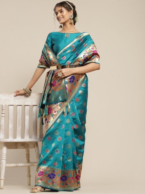 

Somras Teal & Pink Ethnic Motifs Zari Silk Blend Saree
