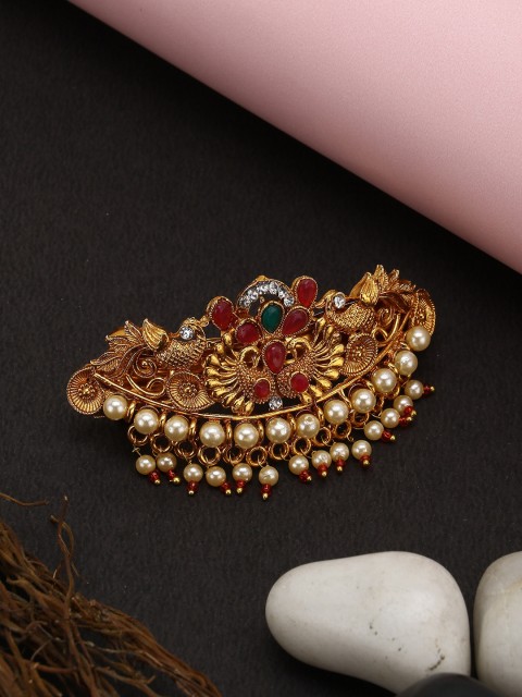 

VAGHBHATT Women Gold-Toned & White Beaded French Barrette Hair Accessories