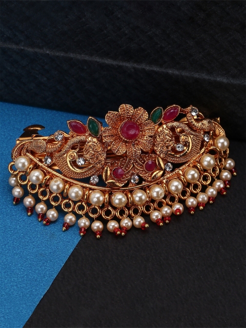 

VAGHBHATT Women Red & Gold Beaded French Barrette