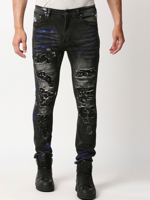 

WAIMEA Men Black Skinny Fit Highly Distressed Heavy Fade Paint Splatter Stretchable Jeans