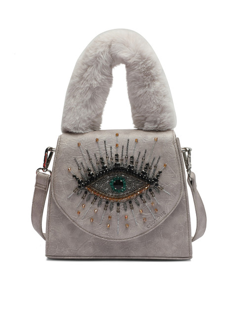 

Clotche Grey Embellished Leather Structured Satchel