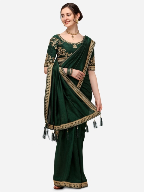 

Iris Green & Gold-Toned Embroidered Saree