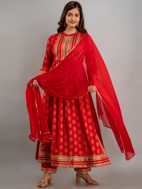 

KIMAYRA Women Red Empire Kurta with Churidar & With Dupatta