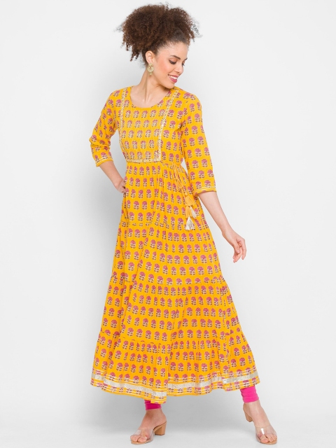 

ZOLA Women Mustard Yellow & Pink Floral Printed Anarkali Kurta