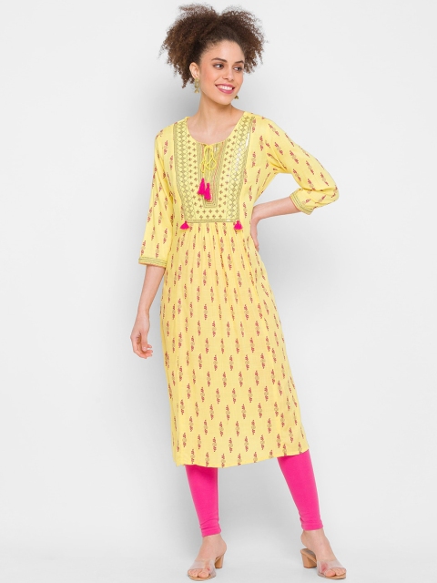 

ZOLA Women Yellow Printed Cold-Shoulder Sleeves Kurta