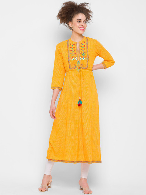 

ZOLA Women Yellow Geometric Embroidered Cold-Shoulder Sleeves Mirror Work Kurta