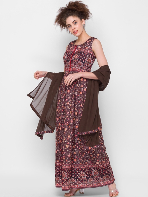 

ZOLA Women Brown Floral Printed Flared Sleeves Thread Work Anarkali Kurta