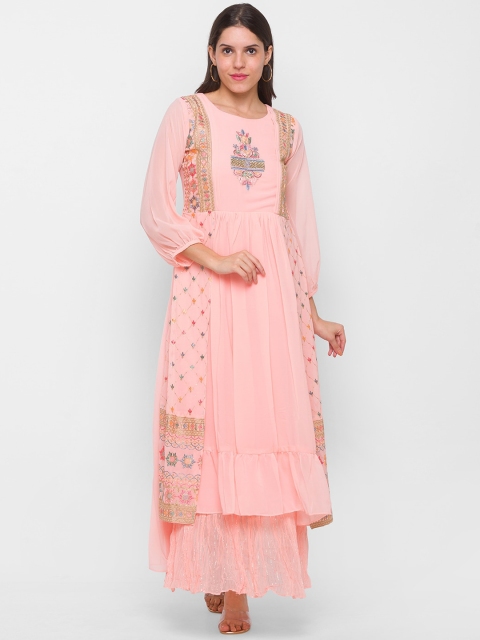 

ZOLA Women Pink Printed Flared Sleeves Thread Work Georgette Anarkali Kurta
