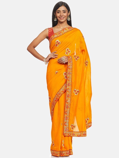 

IVOC Yellow & Gold-Toned Floral Embroidered Saree