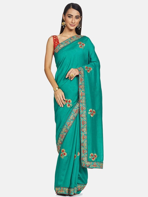 

IVOC Green & Red Floral Embroidered Polyester Saree