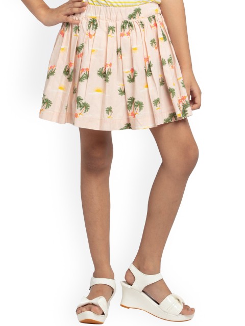 

UNDER FOURTEEN ONLY Girls Peach Printed Flared Cotton Mini Skirt