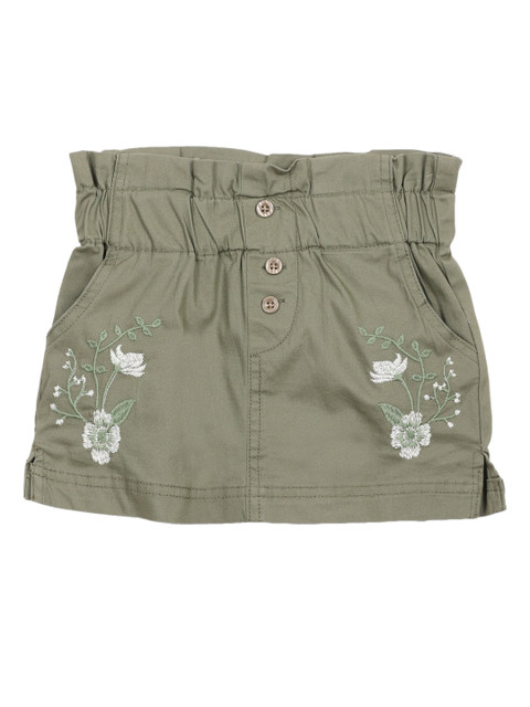 

UNDER FOURTEEN ONLY Girls Olive Green Paper Bag Waist Band Pure Cotton Embroidered Skirt