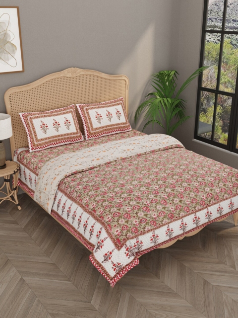 

Gulaab Jaipur Sage Green & Red Floral Mild Winter Cotton Bedding Set