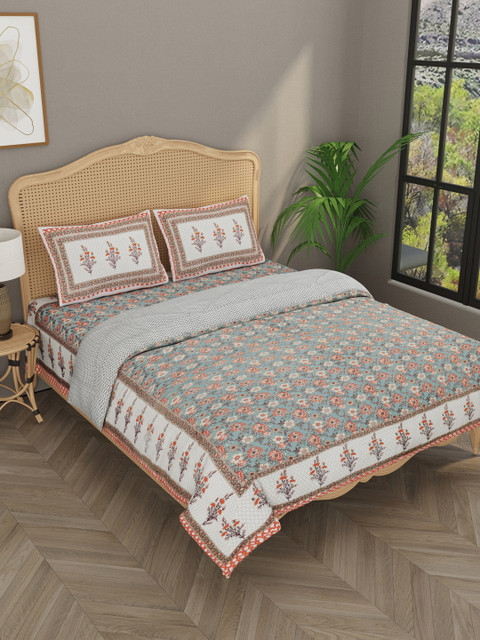 

Gulaab Jaipur Turquoise Blue & Peach Ethnic Motifs Printed Double Queen Bedding Set
