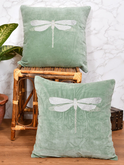 

Gulaab Jaipur Set of 2 Green & Grey Embroidered Cotton Square Cushion Covers