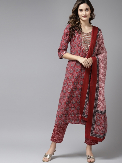 

Yufta Women Maroon Ethnic Motifs Printed Pure Cotton Kurta with Trousers & With Dupatta