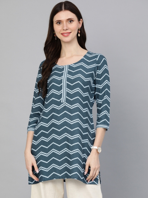 

ETIQUETTE Teal Blue & White Chevron Printed Kurti