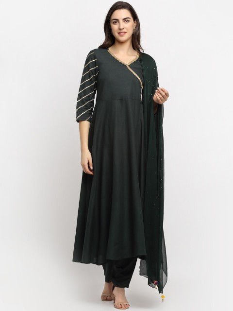 

The Mini NEEDLE Women Green Angrakha Kurti with Trousers & With Dupatta