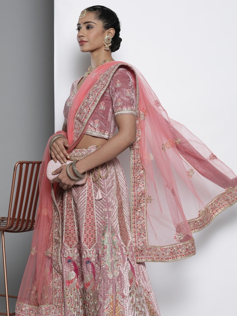 

DRESSTIVE Pink & Golden Embroidered Unstitched Lehenga & Blouse With Dupatta