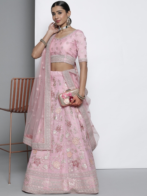 

DRESSTIVE Pink & Golden Embroidered Semi-Stitched Lehenga & Unstitched Blouse With Dupatta
