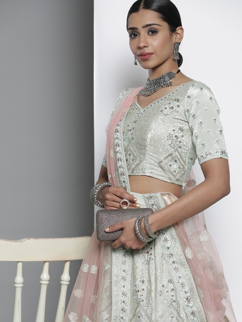 

DRESSTIVE Sea Green Embroidered Semi-Stitched Lehenga & Unstitched Blouse With Dupatta