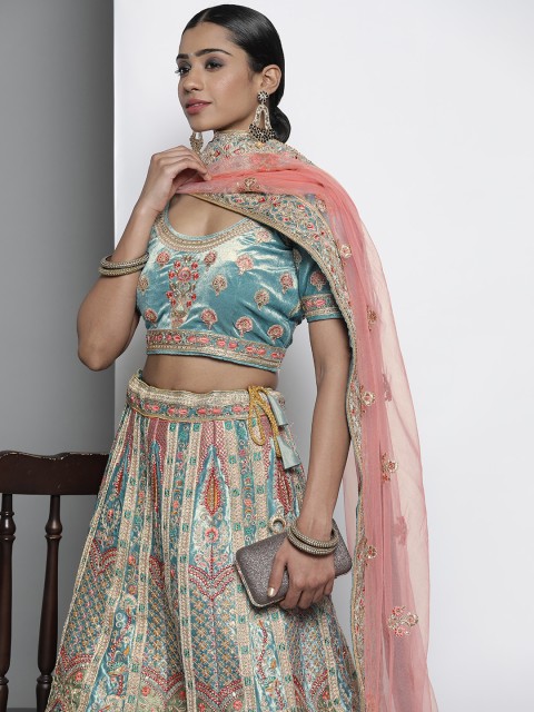 

DRESSTIVE Blue & Beige Embroidered Unstitched Lehenga & Blouse With Dupatta
