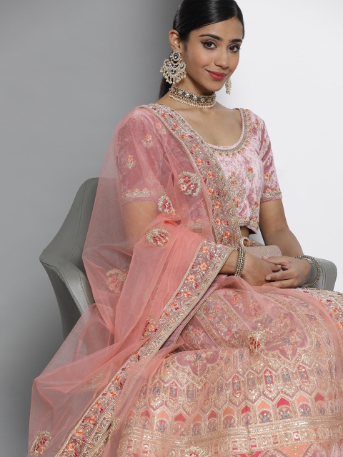 

DRESSTIVE Pink & Blue Embroidered Unstitched Lehenga & Blouse With Dupatta